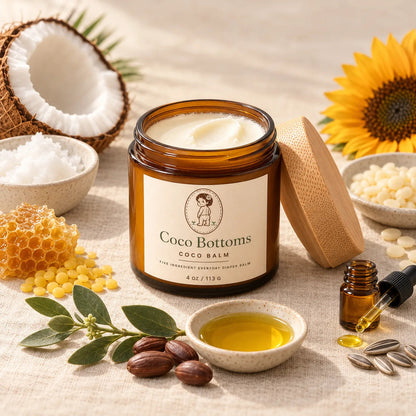 Coco Balm with its five ingredients: coconut, beeswax, sunflower wax, jojoba and vitamin E