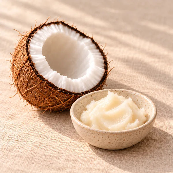 Halved coconut beside a dish of creamy, unbleached coconut oil