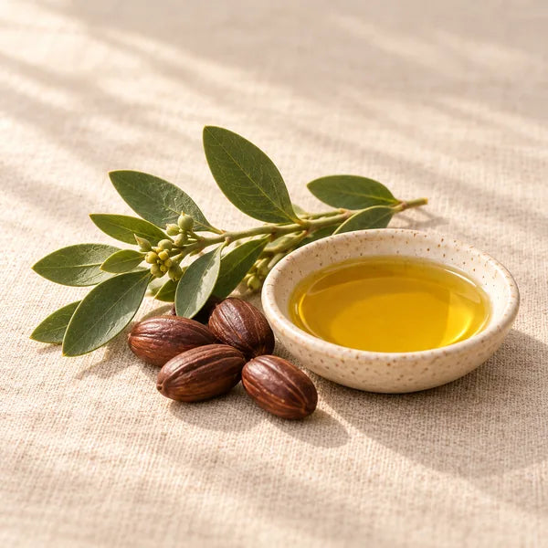 Jojoba seeds and leaves beside a dish of golden jojoba oil