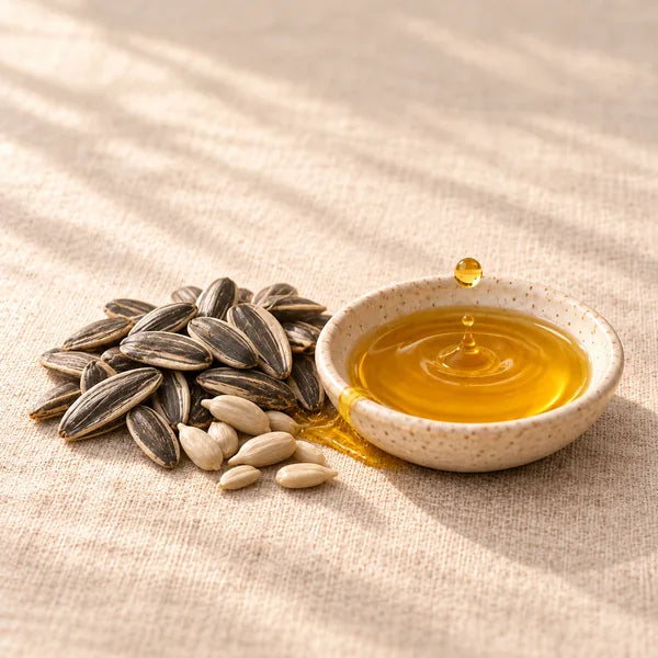 Sunflower seeds beside a dish of amber vitamin E oil, a drop falling in